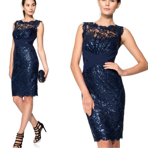 Tadahsi Shoji Paillette Sequin Embroidered Lace Sheath Dress  Navy Size 8 NWOT - Picture 1 of 13